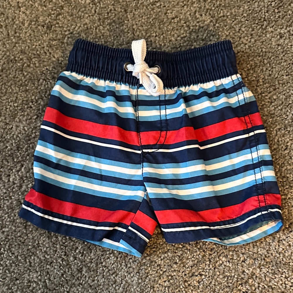 Boys Navy, Red & Light Blue Striped Swim Trunks